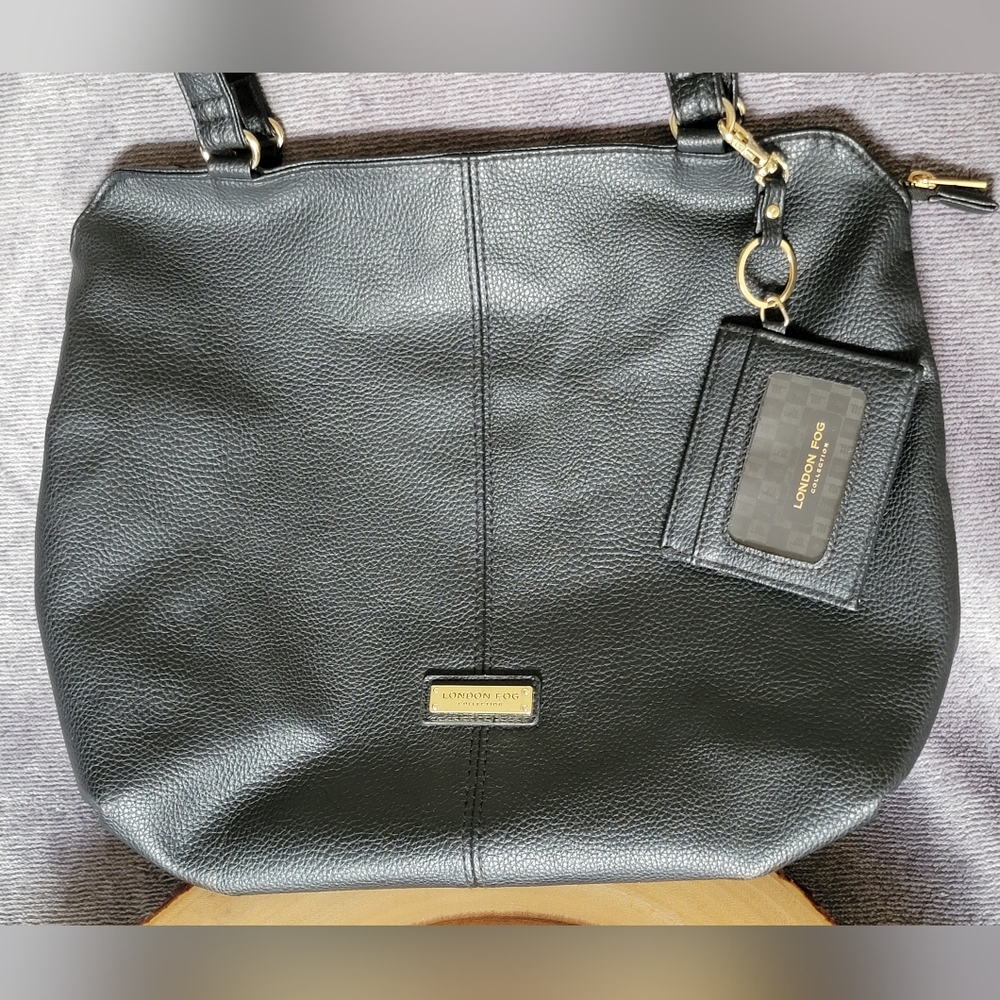 London Fog Hobo Shoulder Bag Black with Gold Accents 16"x13" LIKE NEW